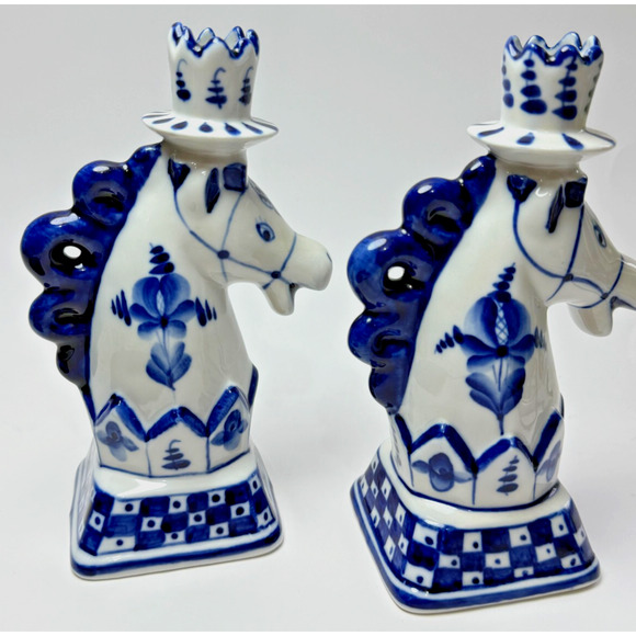 Set Vintage Gzhel Hand Painted Blue & White Porcelain Horse Candlesticks Holders - Picture 4 of 6